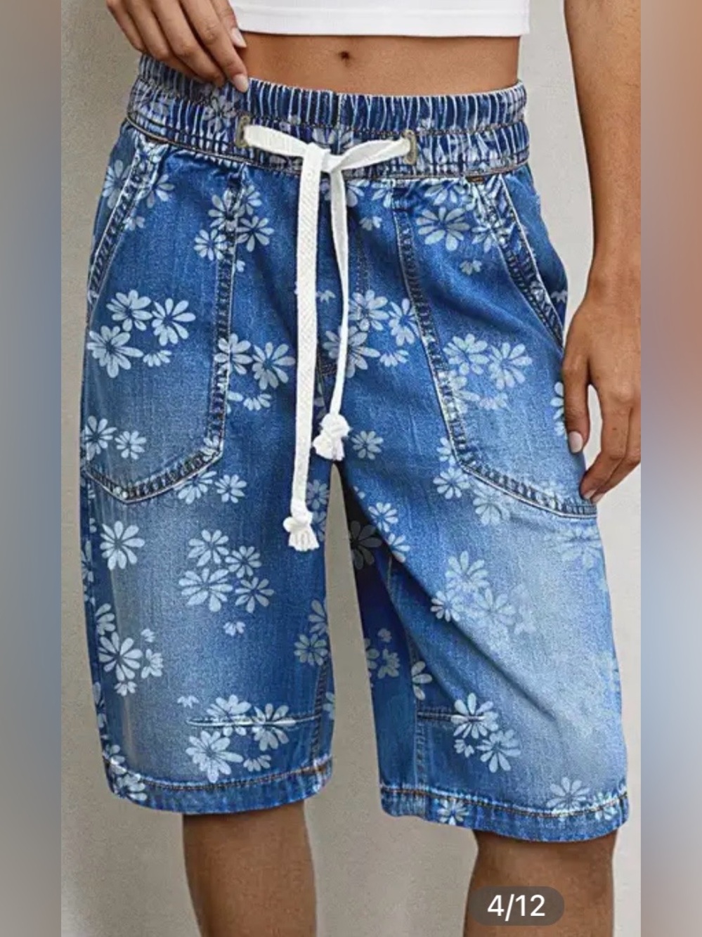 Flamingals Floral Print Drawstring Mid Waist Denim Bermuda Shortrs